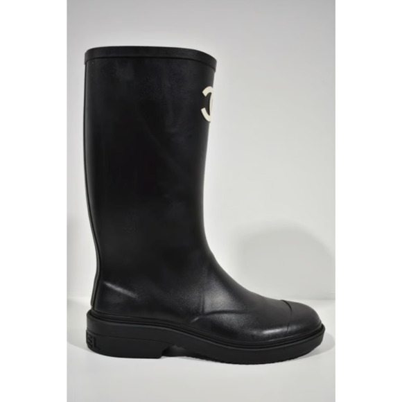 Chanel 22K Black White Caoutchouc CC Logo High Pull On Rubber Rain Boots 42 - Picture 2 of 12